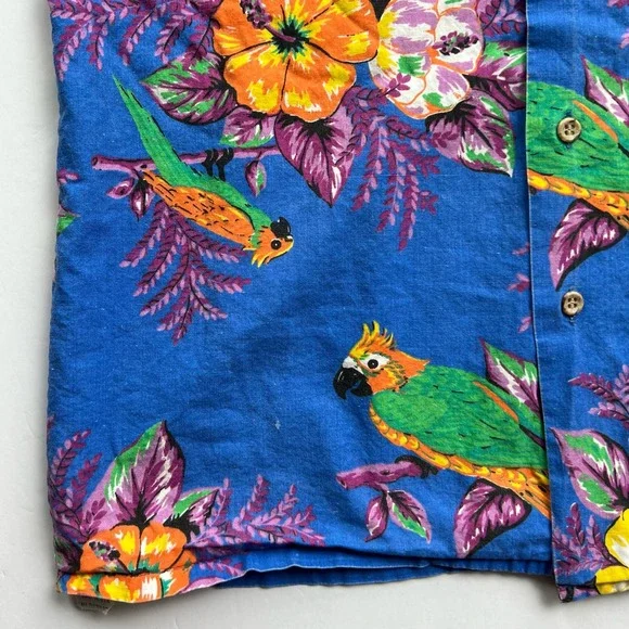 Vintage Hawaiian Shirt USA Made Birds Parrot Tropical Floral Blue Short Sleeve S - Picture 7 of 10